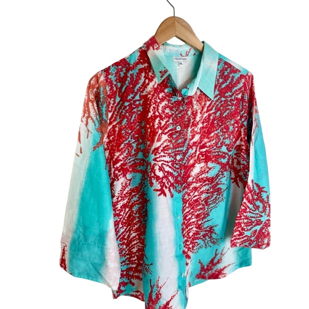 Modaposa Red Coral Print Cotton Button Down Shirt Turquoise XL Coastal Vacation - Picture 6 of 6